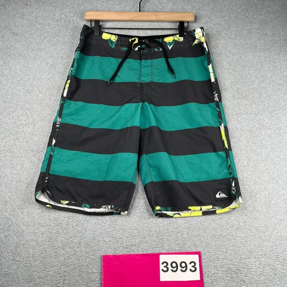 Quiksilver Swim Trunks Mens Green Black Striped Board Shorts Draw String Size 30